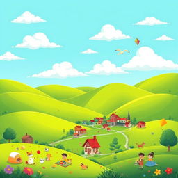 A vibrant cartoon-style illustration of a picturesque landscape featuring rolling green hills, a bright blue sky with fluffy white clouds, and a small, cheerful village with colorful houses