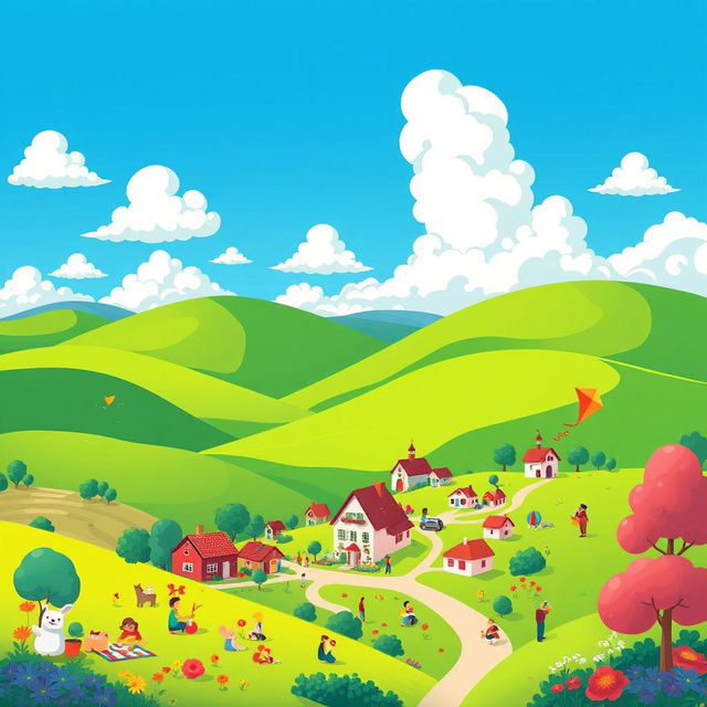 A vibrant cartoon-style illustration of a picturesque landscape featuring rolling green hills, a bright blue sky with fluffy white clouds, and a small, cheerful village with colorful houses