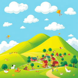 A vibrant cartoon-style illustration of a picturesque landscape featuring rolling green hills, a bright blue sky with fluffy white clouds, and a small, cheerful village with colorful houses