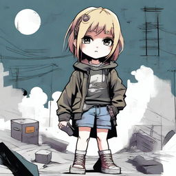 A high-quality digital art piece featuring a little girl in an anime style, dressed in a grunge outfit reminiscent of Kurt Cobain