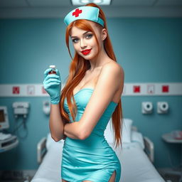 A sexy white-skinned nurse girl wearing a short aqua green nurse dress with a dramatic neckline, featuring a mini skirt, light pink pantyhose, and a traditional nurse hat