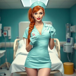 A sexy white-skinned nurse girl wearing a short aqua green nurse dress with a dramatic neckline, featuring a mini skirt, light pink pantyhose, and a traditional nurse hat