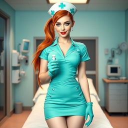 A sexy white-skinned nurse girl wearing a short aqua green nurse dress with a dramatic neckline, featuring a mini skirt, light pink pantyhose, and a traditional nurse hat