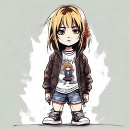 A high-quality digital art piece featuring a little girl in an anime style, dressed in a grunge outfit reminiscent of Kurt Cobain