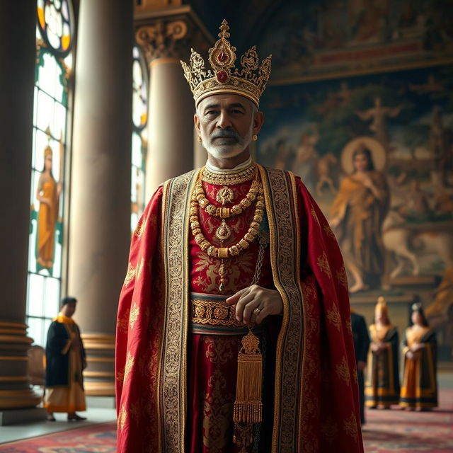 A Sri Lankan king in traditional royal attire, featuring a richly embroidered long robe, intricate gold jewelry, and an ornate crown
