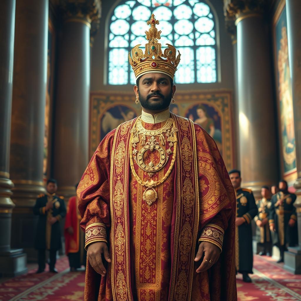 A Sri Lankan king in traditional royal attire, featuring a richly embroidered long robe, intricate gold jewelry, and an ornate crown