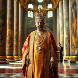 A Sri Lankan king in traditional royal attire, featuring a richly embroidered long robe, intricate gold jewelry, and an ornate crown