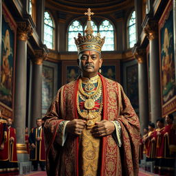 A Sri Lankan king in traditional royal attire, featuring a richly embroidered long robe, intricate gold jewelry, and an ornate crown