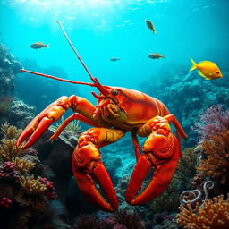 A highly detailed and realistic image of a lobster in its natural underwater environment