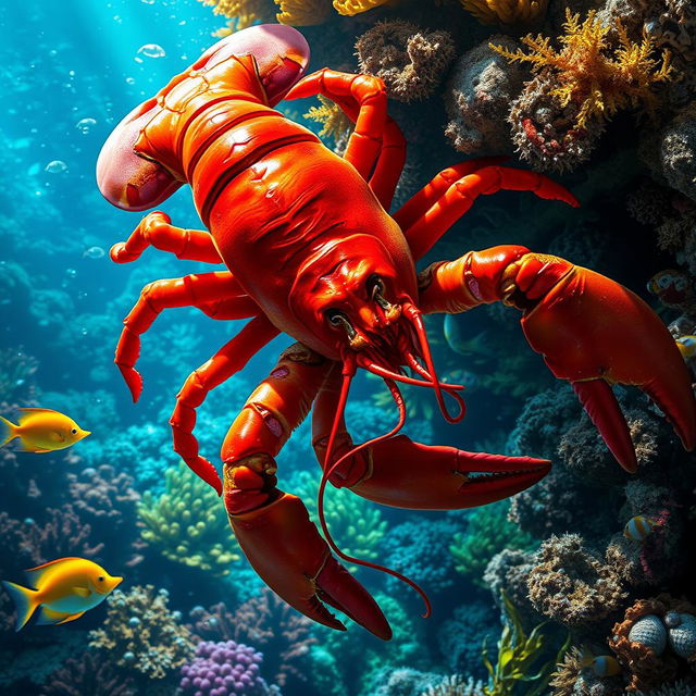 A highly detailed and realistic image of a lobster in its natural underwater environment