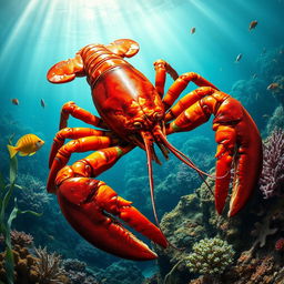 A highly detailed and realistic image of a lobster in its natural underwater environment