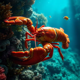 A highly detailed and realistic image of a lobster in its natural underwater environment