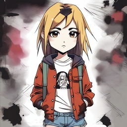 A high-quality digital art piece featuring a little girl in an anime style, dressed in a grunge outfit reminiscent of Kurt Cobain