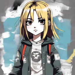 A high-quality digital art piece featuring a little girl in an anime style, dressed in a grunge outfit reminiscent of Kurt Cobain