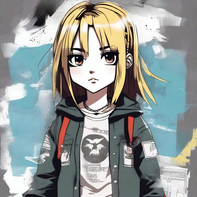 A high-quality digital art piece featuring a little girl in an anime style, dressed in a grunge outfit reminiscent of Kurt Cobain