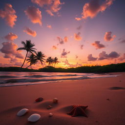 A serene landscape depicting a beautiful sunset over a tranquil beach