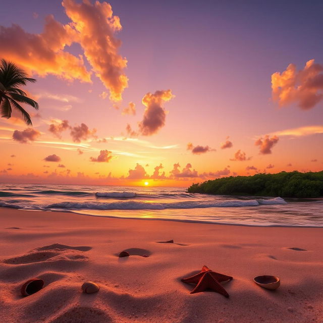 A serene landscape depicting a beautiful sunset over a tranquil beach