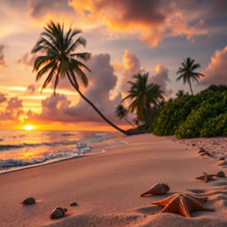 A serene landscape depicting a beautiful sunset over a tranquil beach