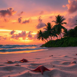 A serene landscape depicting a beautiful sunset over a tranquil beach
