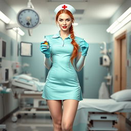 A sexy white-skinned nurse girl wearing a short aqua green nurse dress with a wide neckline and a mini skirt, along with light pink pantyhose and a traditional nurse hat