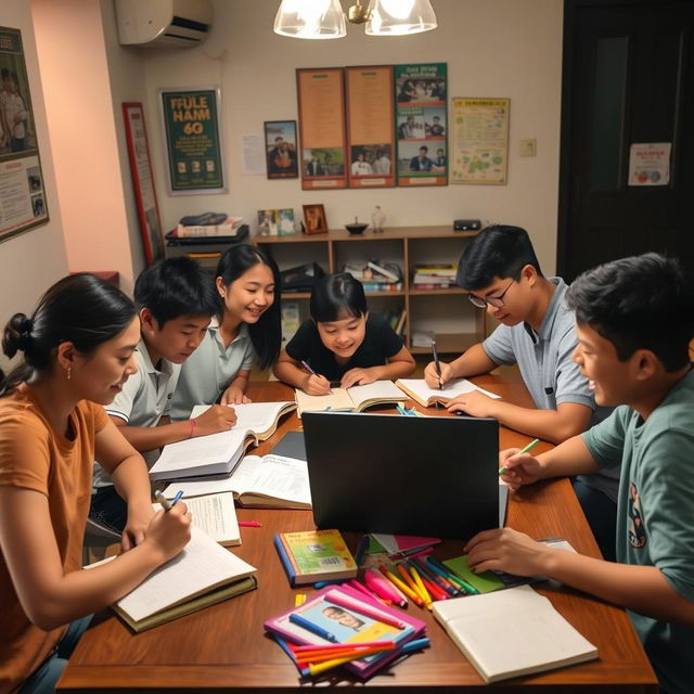 A group of Filipino students engaged in studying at home, diverse in appearance, focused on their tasks