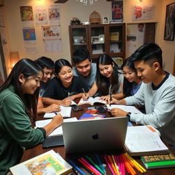 A group of Filipino students engaged in studying at home, diverse in appearance, focused on their tasks