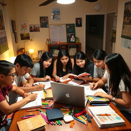 A group of Filipino students engaged in studying at home, diverse in appearance, focused on their tasks