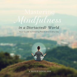 A serene and calming cover page for an ebook titled 'Mastering Mindfulness in a Distracted World: Your Guide to Finding Peace and Focus Every Day'