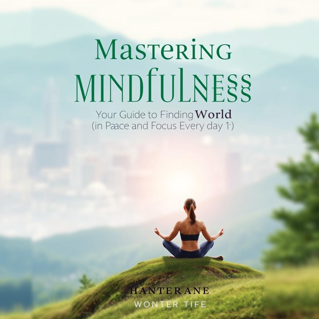 A serene and calming cover page for an ebook titled 'Mastering Mindfulness in a Distracted World: Your Guide to Finding Peace and Focus Every Day'