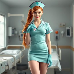 A sexy white-skinned nurse girl dressed in a short aqua green nurse dress featuring a wide neckline, complemented by a mini skirt and light pink pantyhose, topped with a classic nurse hat