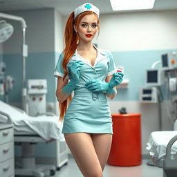 A sexy white-skinned nurse girl dressed in a short aqua green nurse dress featuring a wide neckline, complemented by a mini skirt and light pink pantyhose, topped with a classic nurse hat