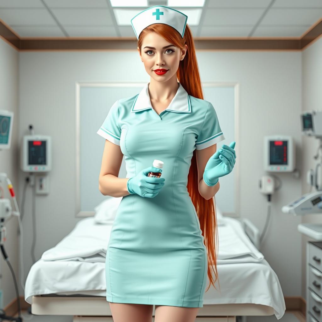 A sexy white-skinned nurse girl dressed in a short aqua green nurse dress featuring a wide neckline, complemented by a mini skirt and light pink pantyhose, topped with a classic nurse hat