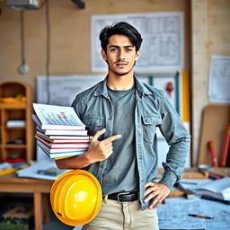 A male engineering student with black hair standing confidently, wearing a safety helmet (hard hat) and casual attire