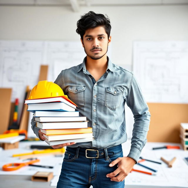 A male engineering student with black hair standing confidently, wearing a safety helmet (hard hat) and casual attire