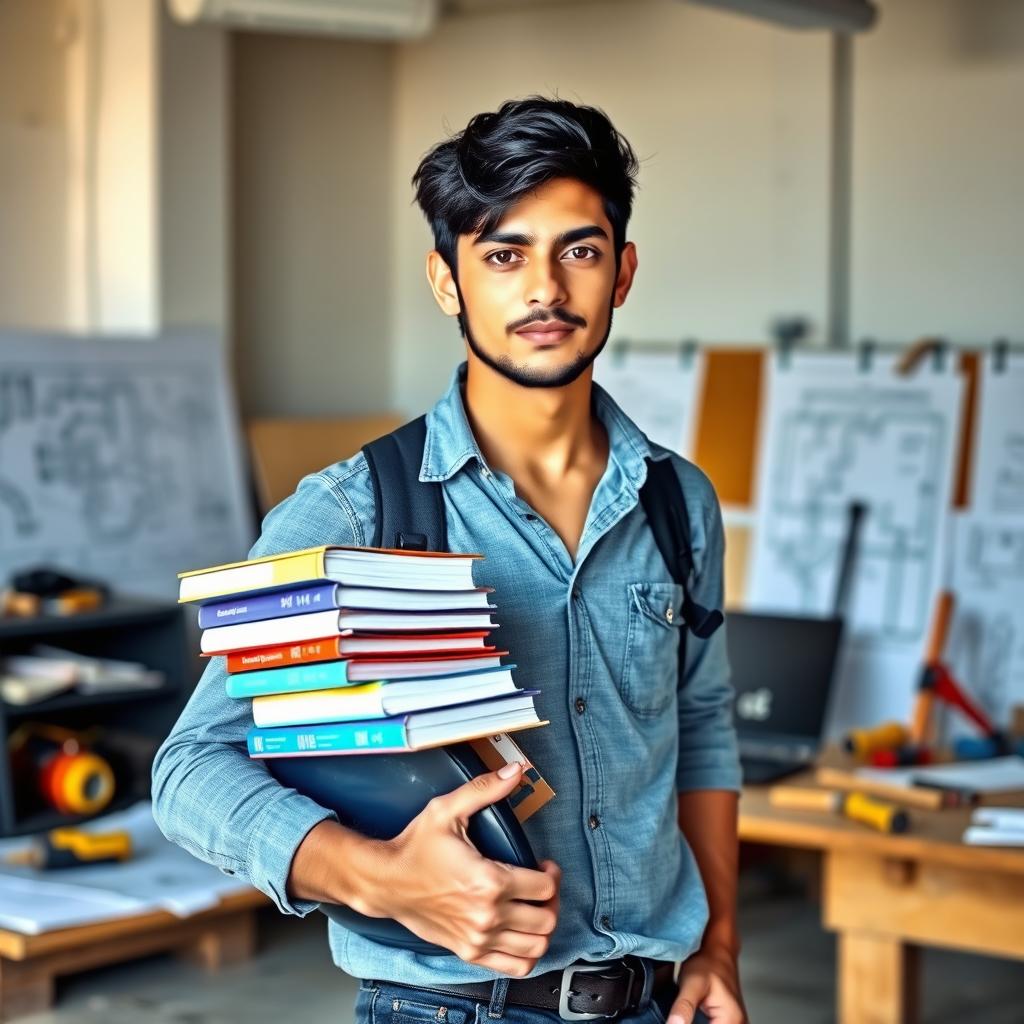 A male engineering student with black hair standing confidently, wearing a safety helmet (hard hat) and casual attire