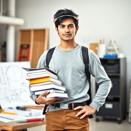 A male engineering student with black hair standing confidently, wearing a safety helmet (hard hat) and casual attire