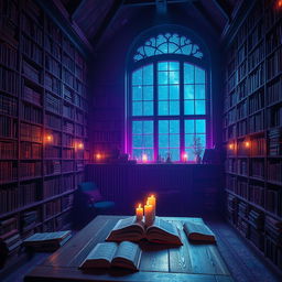 A mystical scene of a library bathed in a captivating violet and deep blue night glow