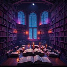 A mystical scene of a library bathed in a captivating violet and deep blue night glow