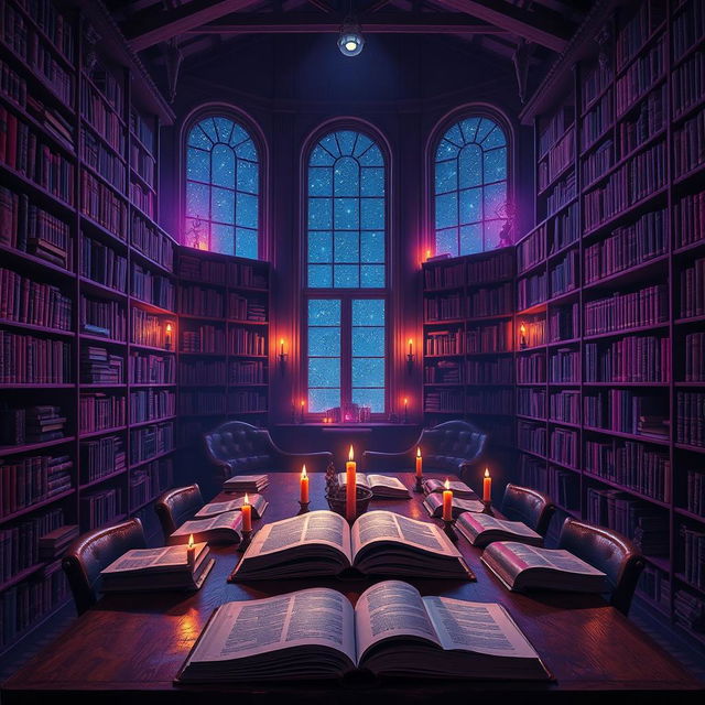 A mystical scene of a library bathed in a captivating violet and deep blue night glow