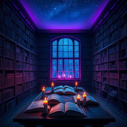 A mystical scene of a library bathed in a captivating violet and deep blue night glow
