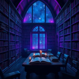 A mystical scene of a library bathed in a captivating violet and deep blue night glow