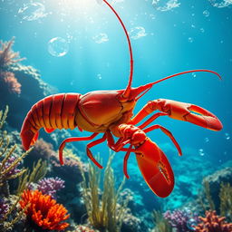 A breathtakingly realistic and high-detail image of a lobster gracefully swimming in its vibrant underwater habitat