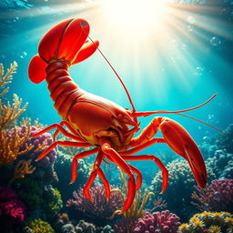 A breathtakingly realistic and high-detail image of a lobster gracefully swimming in its vibrant underwater habitat