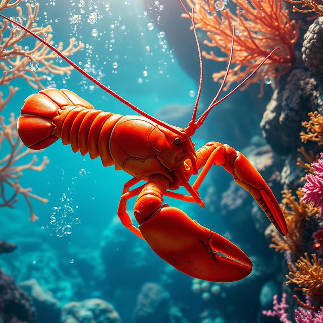 A breathtakingly realistic and high-detail image of a lobster gracefully swimming in its vibrant underwater habitat