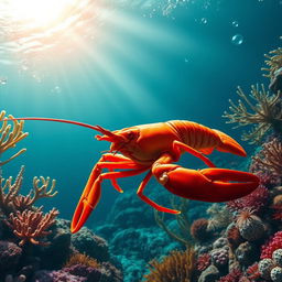 A breathtakingly realistic and high-detail image of a lobster gracefully swimming in its vibrant underwater habitat