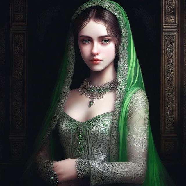 A high-quality, full-body digital art image of a fair-skinned girl with vivid green eyes, dressed in an intricate wedding dress