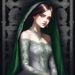 A high-quality, full-body digital art image of a fair-skinned girl with vivid green eyes, dressed in an intricate wedding dress