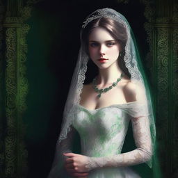 A high-quality, full-body digital art image of a fair-skinned girl with vivid green eyes, dressed in an intricate wedding dress