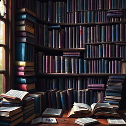 A magical bookshelf filled with books of various sizes, leaning slightly with age, featuring a striking color palette of deep violet and rich blue
