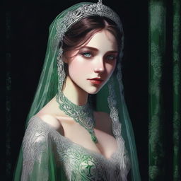 A high-quality, full-body digital art image of a fair-skinned girl with vivid green eyes, dressed in an intricate wedding dress